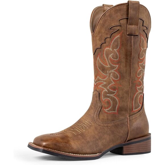 SheSole Womens Dark Brown Cowgirl Square Toe Wide Calf Low Heel Western Boots - Picture 1 of 7